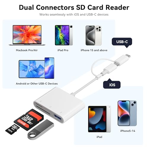 SD Card Reader for iPhone iPad, Micro SD Card Reader Memory Card Reader with USB Adapter Plug and Play Trail Game Camera Card Viewer Supports SD and TF Card No App Required