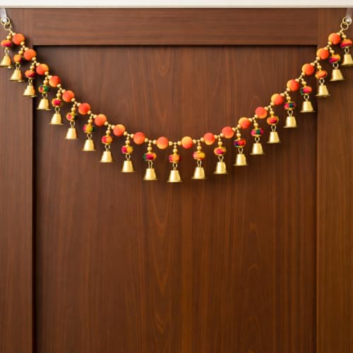 Image of Handmade Multicolor Pom Pom Bandhanwar for Main Door | Bright Traditional Toran with Bells for Door, Mandir & Pooja Room | Decorative Bandhanwar for Diwali, New Home & Festive Decor (39 Inch)