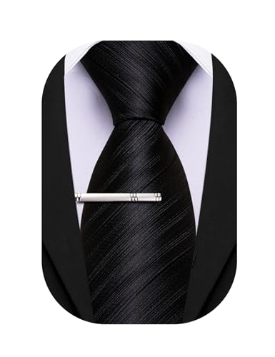 Image of Barry.Wang Silk Men Ties Formal Stripes Necktie and Tie Clip for Wedding Party Business Fashion Classic
