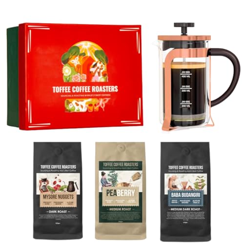 Image of Toffee Coffee Roasters French Press Gift Set | Rose Gold French Press (350ml) + 3 Premium Coffees (Mysore Nuggets, Peaberry, Baba Budangiri - 60g Each) | Coffee Lovers Hamper