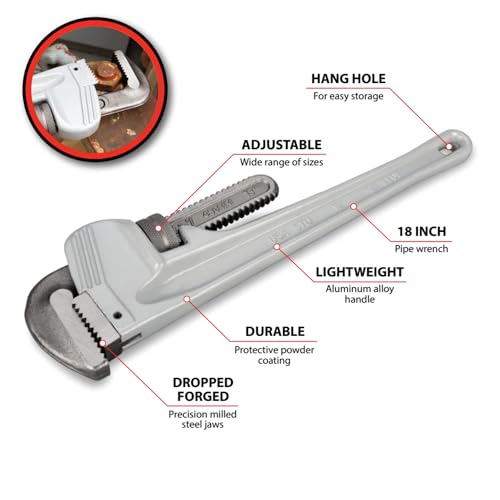 Image of Performance Tool W2118 18 in. Aluminum Pipe Wrench | Precision milled and drop forged steel jaws. Strong and lightweight aluminum handle. Essential plumbing tool