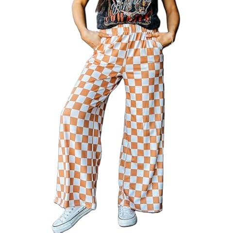 IWOLLENCE Women's Casual Loose Checkered Wide Leg Pants High Waist Straight Lounge Y2K Gingham Trousers Fall Orange Wihte, XL Cover