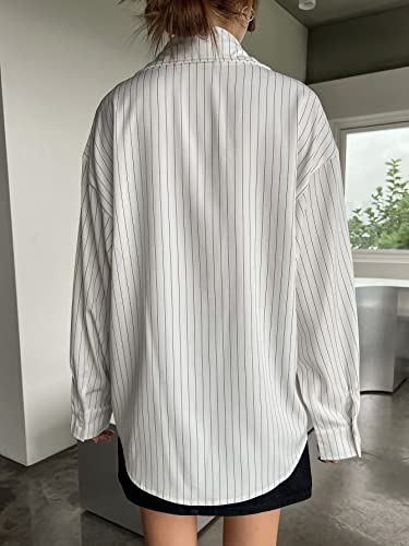 Image of Aahwan Solid Button Up Drop Shoulder Vertical Stripe Pattern Casual Long Sleeve Shirt for Women's & Girl's