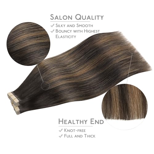 Image of WENNALIFE Tape in Hair Extensions Human Hair, 40pcs 100g 22 inch Balayage Dark Brown Mixed Chestnut Brown Hair Extensions Real Human Hair Straight Tape in Extensions Invisible Human Hair Extensions