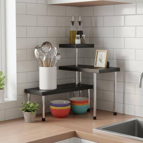 Image of U-Max 3-Tier Multipurpose Corner Kitchen Rack, 3 tier kitchen shelf, Space Saving Countertop Shelf Organizer for Spice Jars, Containers, Cups & Cooking Essentials (Black)