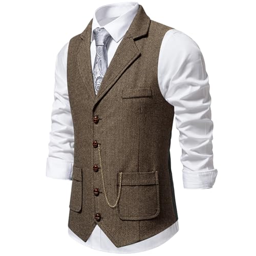 Image of maxToonrain Mens Classic Tweed Suit Vest Casual Sleeveless Herringbone Vest for Tuxedo