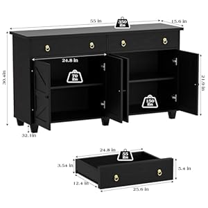 Buffet Cabinet with Storage 55Large Coffee Bar Cabinet with 2 Drawers and 4 Barn Doors Adjustable Shelf Modern Farmhouse Sideboard Buffet for Kitchen Living Room Black