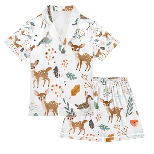 senya Deer Animals Satin Summer Pajama Sets Silk Short Sleeve Button Down Sleepwear