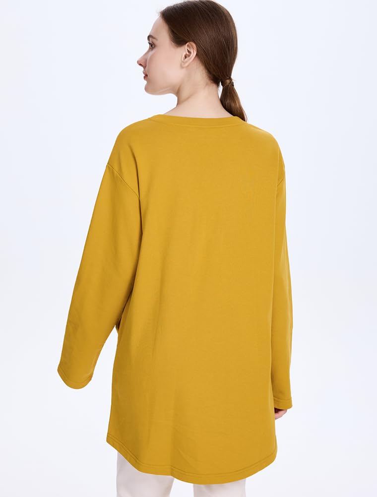 FTCayanz Women's Cotton Tunic Tops Oversized Crewneck Long Sleeve Sweatshirts Casual Shirts Pullover with Pockets