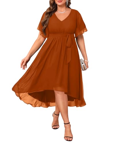 Burnt Orange Dress Plus Size Bridesmaid Wedding Guest Mother of Bride Formal Chiffon Short Sleeve High Low Dresses Women