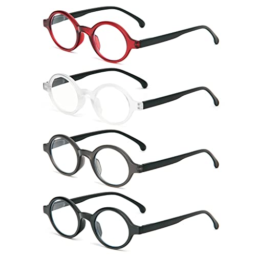 KoKoBin Pack of 4 Men's and Women's Small Round Anti-Blue Light Reading Glasses Practical Reader with Spring Hinges
