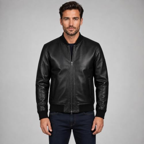 Men's Black Leather Bomber Jacket