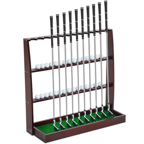 Lenwen Golf Putter Stand Wooden Display Rack Golf Club Holder Stand Floor Display Rack Club Organizer For Storage Sports Indoor Home Office Simulator(Hold 13 Clubs 30 Balls Storage,Elegant,Brown)