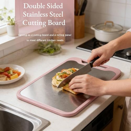 Tabla de Cortar de Acero Inoxidable de Doble Cara para Cocina, con Agarre Antideslizante y Orificio para Colgar, Apta para Carnes Frescas y Verduras, Lavavajillas Segura, 43,18 x 30,48 cm miniatura 2