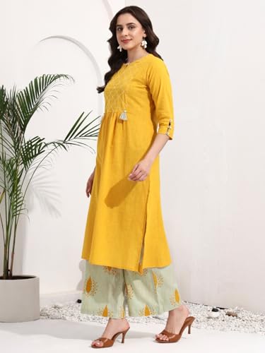 Image of idaLia Cotton Straight Kurta Set for Women with Palazzo 3 /4 Sleeve, Round Neck Designer Kurta with Palazzo Pant Set