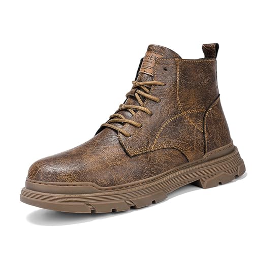 Image of Men's Leather Lace Up Motorcycle Combat Boots Retro Round Toe lug sole Chukka Ankle Boots Casual Waterproof Oxford Dress Work Boot
