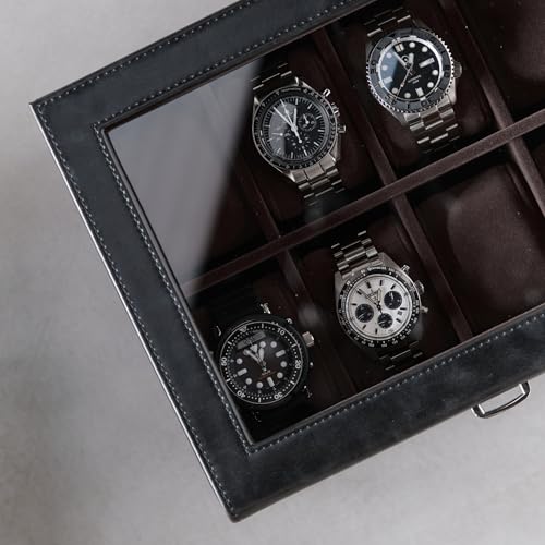 TAWBURY Watch Box for Men - 8 Slot Watch Case with Storage Drawer, Real Glass Display and Extra Wide Pillows for Large Watches (Black/Charcoal) by TAWBURY - Image 7