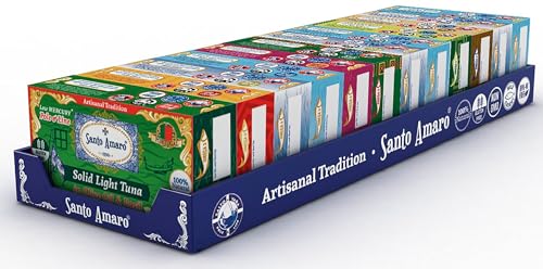 Image of Santo Amaro Portuguese Wild Tuna Variety Pack, Hand Cut, Pole & Line Caught, 8 Flavors, Ultramar Legacy, Artisinal Tradition, Olive Oil with Basil, Turmeric Curry, Oregano, Piri Piri Pepper, Ginger, Roasted Bell Pepper, Spring Water (120g per can - Pack of 12)