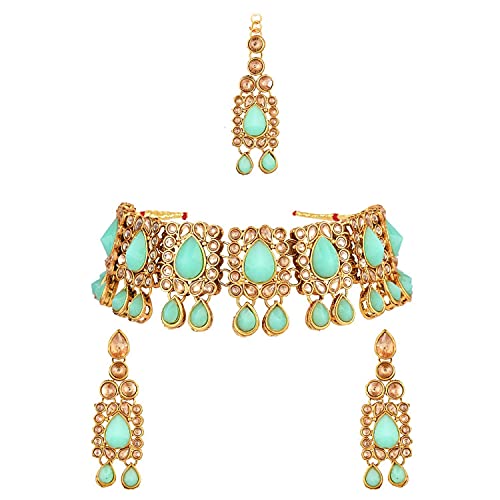 Efulgenz Indian Jewelry Kundan Crystal Choker Necklace Earrings Maang Tikka Head Chain Bollywood Wedding Bridal Set, Turquoise Green