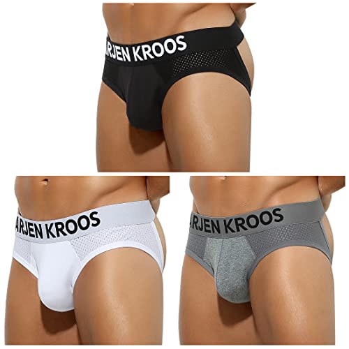 Arjen Kroos Men's Jockstrap Underwear, 3 Pack Breathable Mesh Athletic Supporter Cotton Pouch Jock Briefs