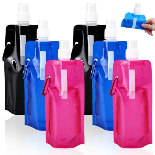 Botella de Agua Plegable para Running,6 Piezas Botella de Agua Plegable Deportiva 500ml,Botellas Plegables,Botellas de Aguas Plegables,con Mosquetón,Para Deportes al Aire Libre,Campamento,Ciclismo
