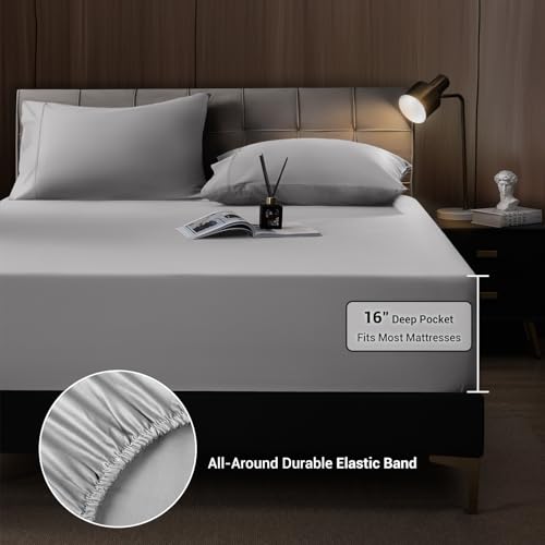 Image of Shilucheng 4 Piece Queen Sheet Sets, Cooling Sheets, Blend Rayon Derived from Bamboo, Deep Pocket Up to 16 inch, Breathable & Soft Bed Sheets, Hotel Silky Bedding Set, Grey