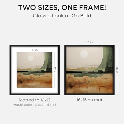 Image of Homeforia 16x16 Black Wood Frame, High End Oak 16 x 16 Square Picture Frames with Mat 12 by 12 inches Photo, 16by16 Black Wooden Poster Frames Matted to 12x12 Print, Tempered Glass, Wall Kit, Set of 1