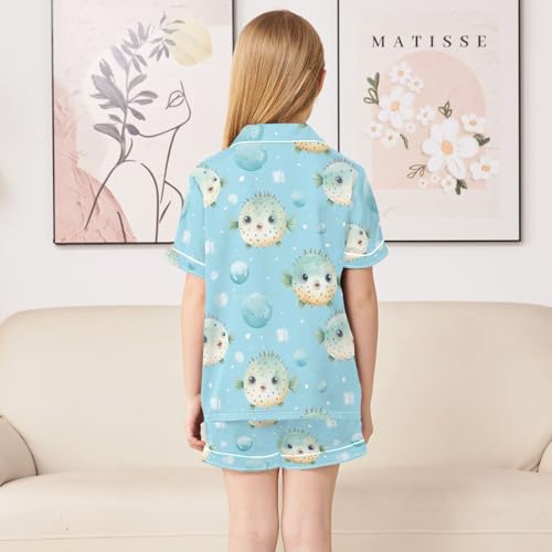Blue Puffer Fish Pattern Summer Satin Pajama Set, Cute Button-Down Sleepwear Pj Set for Sleep Wears4