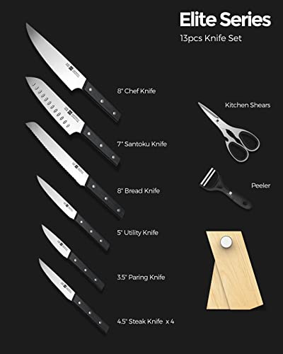 Knife Set With Built-In Sharpener Block, Ipurehome® Kitchen Knife Set With Block, Professional 13 Pcs High Carbon Stainless Steel Block Knife Set With 4 Steak Knives, 1 Peeler, 1 Scissor, Wood Handles #TOP2