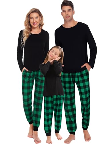 SWOMOG Christmas Pajamas for Women Men Long Sleeve Black Pull Over Top with Plaid Pajama Pants Pj Set Couples Pajama Set2