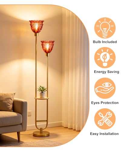 Image of Lightdot 2-Lights Glass Floor Lamp with Table Modern Gold Standing Tall Lamps with Pomegranate Red Glass Shade, LED Floor Lamp with Foot Switch for Living Room Bedroom Home Decor (Bulbs Included)
