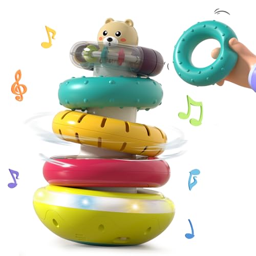 Baby Ring Stacker Toy with Lights, Musical Stacking Toys for Toddlers 1-3, Automatic Rotating Montessori Toys for Babies 6-12 Months, Early Learning Toy 1 Year Old Boy and Girl Gifts