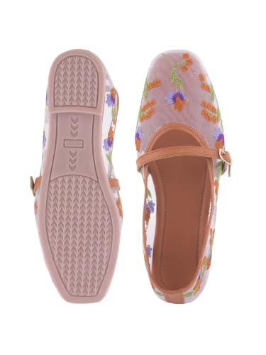 Image of Shoetopia Women'sFloral Embroidered Mary Jane Flats - Elegant Mesh Ballerinas with Adjustable Buckle Strap