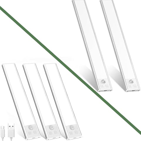 DEALGADGETS 2pcs 12.2" 52 LED & 3pcs 8.07" 32 LED Rechargeable Under Cabinet Lighting, Cold White Motion Sensor LED Lights for Kitchen, Counter, Closet, Stairs Cover