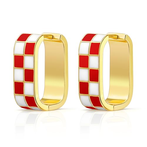 18K Gold Filled Dainty Checkered Hoop Earrings for Women, Stylish Enamel Checked Pattern Huggie Earrings, Gold Statement Earrings，Multicolor Hypoallergenic Jewelry,Birthday Gifts for Her