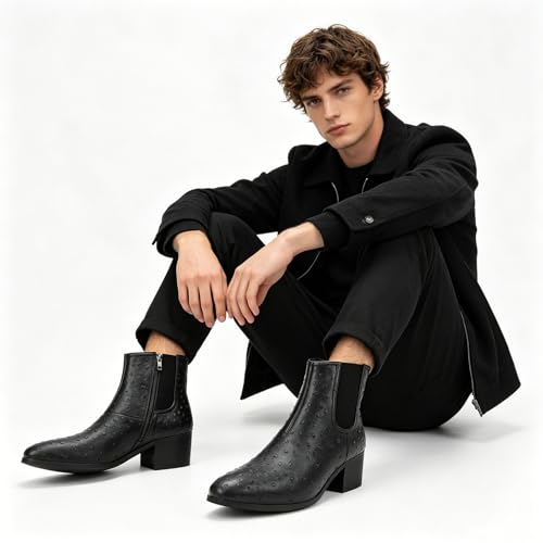 Image of Men'S Classic Leather Chunky Heel Chelsea Boots With Side Zipper Fashion Pointed Toe Elastic Band High Top Block High Heel Formal Chukka Booties For Casual Business Party Wedding