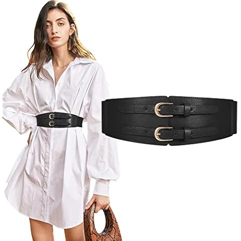 WHIPPY Women Wide Elastic Waist Belt Vintage Stretch Belt with Gold Buckle for Dress Shirts Coat,Black,72cm Cover