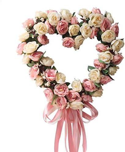 Flower Wreath Rose Heart-Shaped Garland for Home Decoration Wedding (Pink)