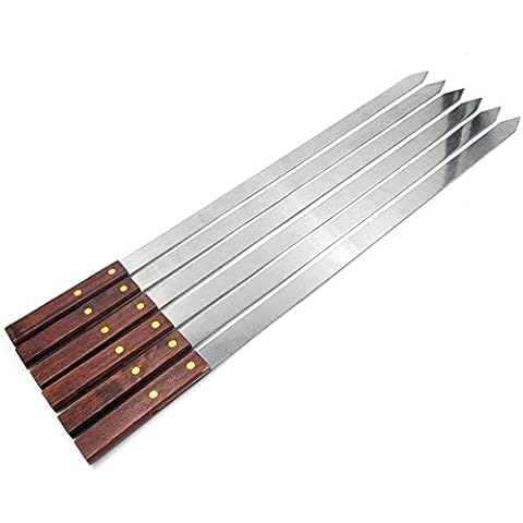 BBQ Barbecue Skewers Flat, Wooden Handel Set of 5 and 10 BBQ Grilling Kebab Skewers Flat Reusable Metal Sticks for BBQ, Brazilian Barbecue, Turkish Kebab, Shish Kabob (Lx58 Wx1.5 Tx0.2)cm (5) Cover