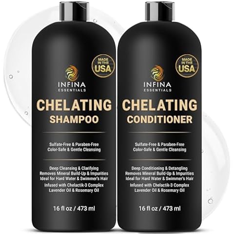 INFINA ESSENTIALS Chelating Hard Water Shampoo and Conditioner Set with Chelactik-3 & Rosemary Oil - Color Safe Metal Detox Shampoo and Conditioner for Mineral Build-Up & Swimmers Hair - 16 fl oz each Cover