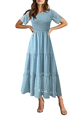 Image of BTFBM Women Casual Short Sleeve Crew Neck Summer Dress Bohemian Floral Printed Flowy Maxi Dresses Tiered Cocktail Dress