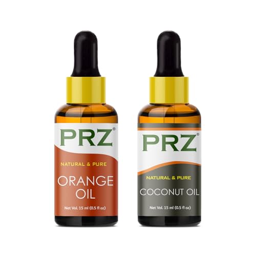Image of PRZ Combo of Orange Essential Oil & Cold Pressed Extra Virgin Coconut Carrier Oil, 100% Pure Natural & Therapeutic Grade Oil for Aromatherapy, Body Massage, Skin Care & Hair Growth (15ML Each)
