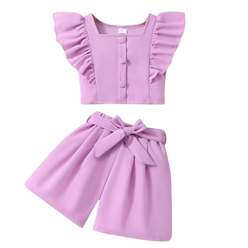 Image of Adorable 2PCS Ruffle Button-Down Sleeveless Top and High Waist Bow Knot Short Sets for Toddlers Kids
