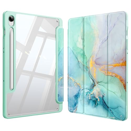 Fintie Hybrid Slim Case for Samsung Galaxy Tab S10 Lite/ S10 FE/ S9 FE 10.9 Inch/Tab S9 11 Inch with S Pen Holder, Shockproof Cover with Clear Transparent Back Shell, Auto Wake/Sleep, Emerald Marble