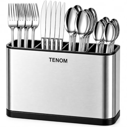 Image of Tenom Spoon Holder for Kitchen Countertop | Stainless Steel Spoon Stand & Cutlery Stand with Drain Tray | Rustproof Heavy Duty Utensil Organizer (Silver)
