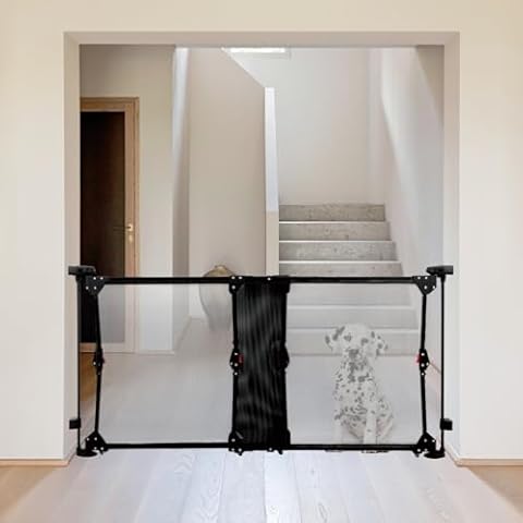 GRENFU 28" Tall Expandable Dog Gate for Stairs with Dual-Opening Walk Thru Door, Fits 32-55" Wide Mesh Gate Step Over Pet Gate, Adjustable Width & Angle No Bottom Bar Baby Gate for Doorways, Black Cover