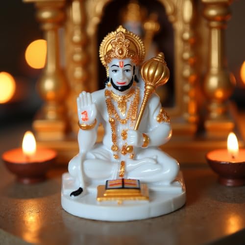 Image of UNOVATE Lord Hanuman Idol for Car Dashboard, Home, Office Desk - Hanuman Murti for for Pooja, Temple Showpiece, Decoration, Festivals and Gifting. (10cm, White Color)