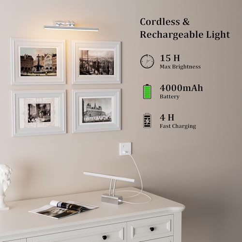 Image of Picture Light for Wall, Platinum Silver, Battery Operated, Remote Control | 4000mAh Cordless,Wall Light, Magnetic for Easy to Charge,Timers, Display for Gallery Living Room Bedroom
