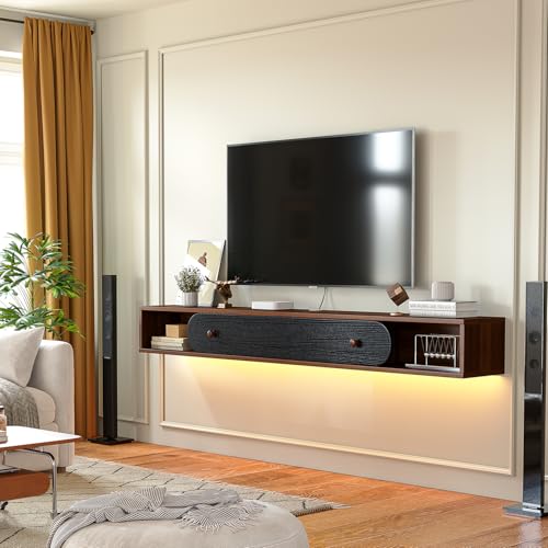 FurniNova Floating TV Stand Wall Mounted 55'', Modern Media Console with 2 Open Cabinets and 1 Door,Wall Mount TV Console for Living Room Bedroom,Walnut and Black