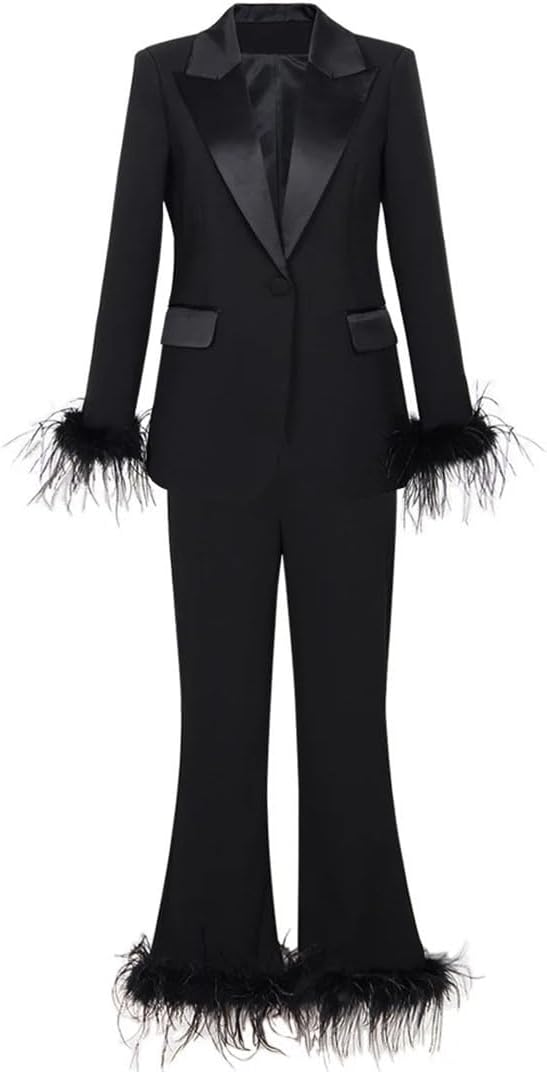 Alloaone Women's Ostrich Feather Stitching Long Sleeve Coat Trousers Elegant Outfit Suit Two-Piece